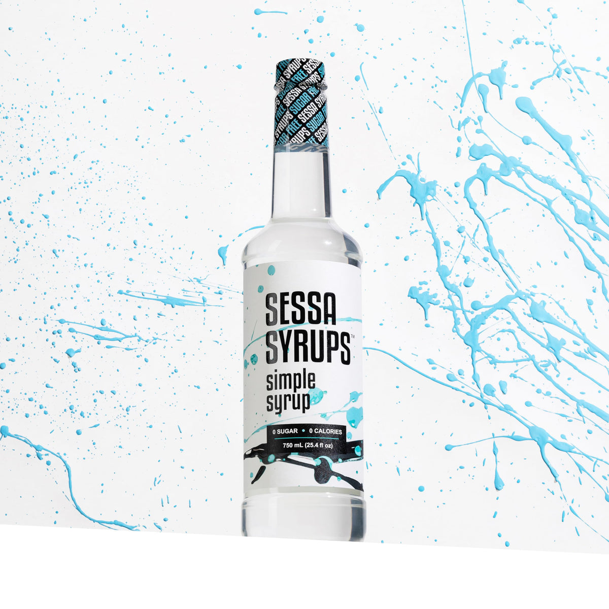Close-up of Sessa Syrups label highlighting natural flavors and sugar-free formula.