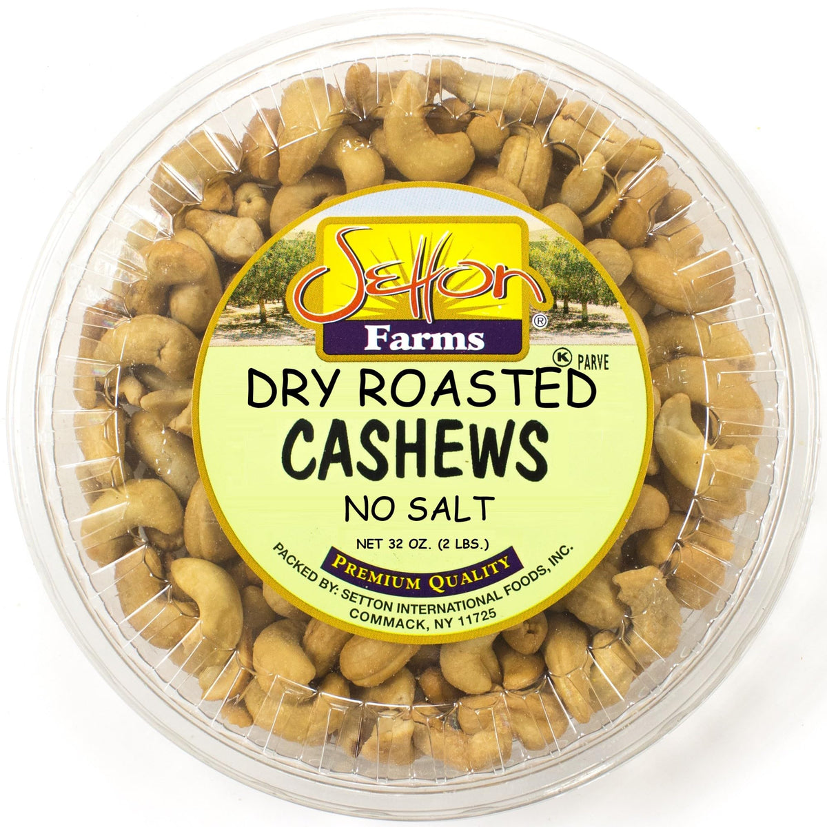 Setton Farms dry roasted no salt cashews in a 32oz jar for snacking.