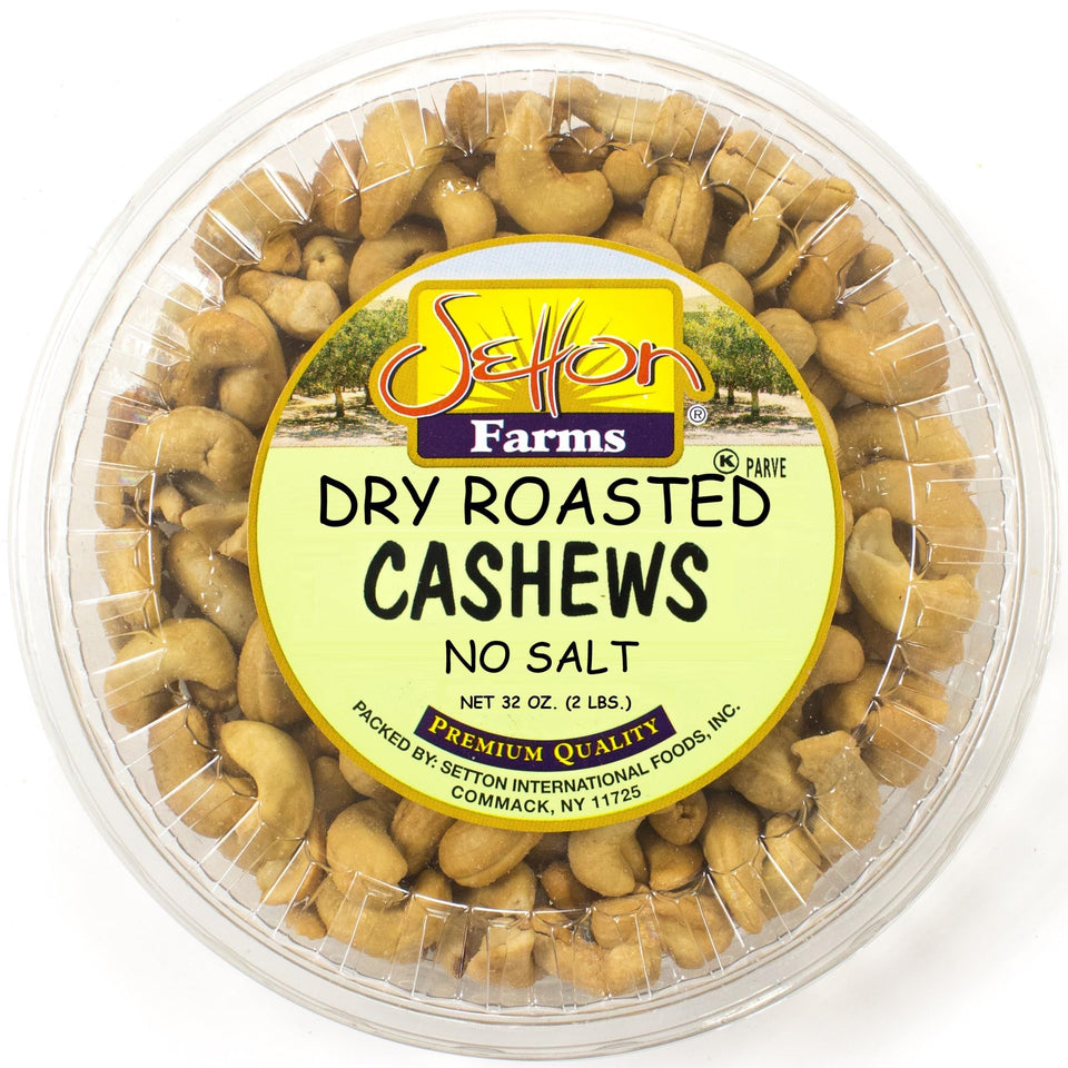 Setton Farms dry roasted no salt cashews in a 32oz jar for snacking.