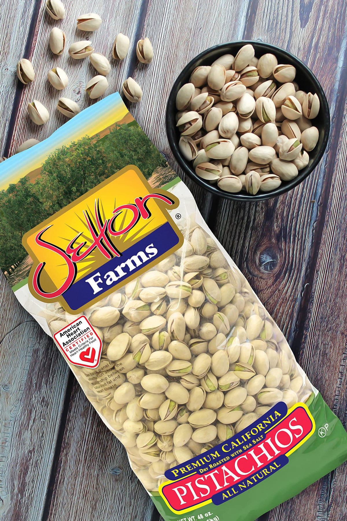 Setton Farms pistachios in a bowl showing generous nuts per serving for mindful snacking.