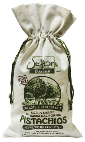 Setton Farms pistachios in a dry-roasted sea-salt burlap bag, a flavorful gift option.