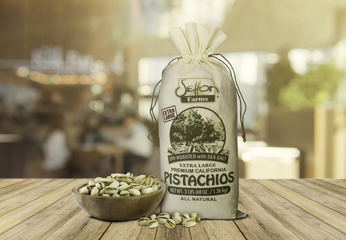 Setton Farms pistachios extra-large in shell close-up, ready to snack.