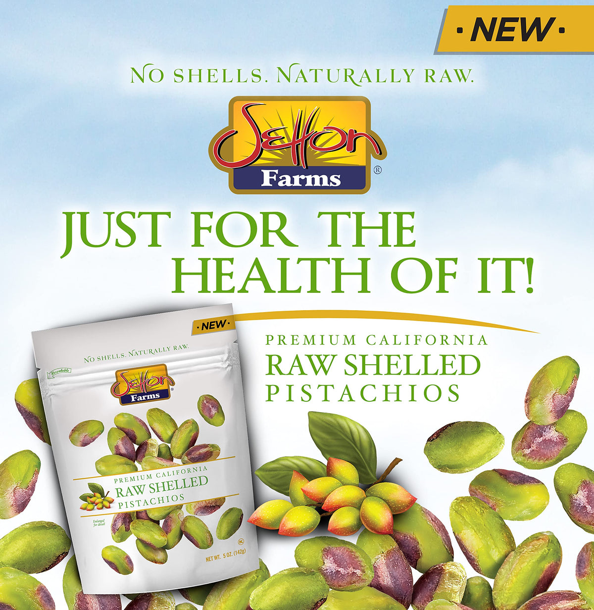 Setton Farms raw pistachios green kernels ready to eat, a plant-based snack option.