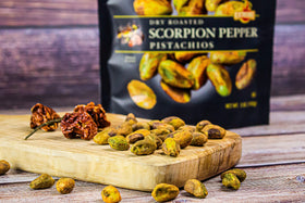 Close-up of Setton Farms pistachios with scorpion extreme seasoning.