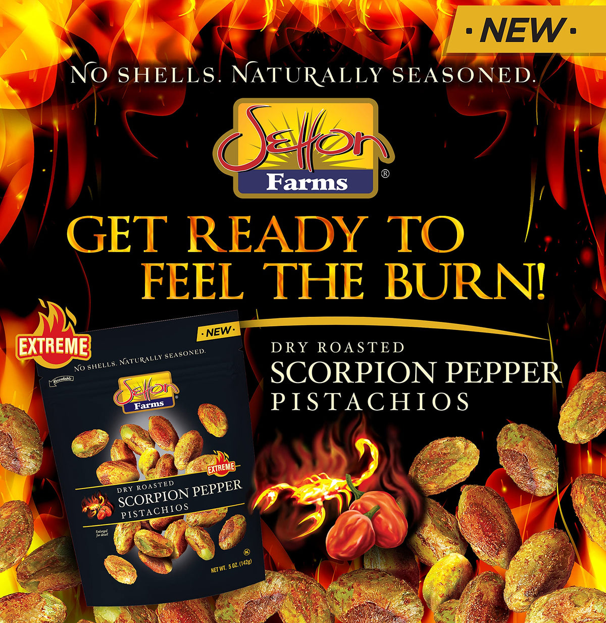 Closeup of Setton Farms Scorpion Pepper pistachios with vibrant seasoning and crunch