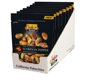 Setton Farms Scorpion Pepper pistachios in a no-shell bag showing bold heat and snack convenience