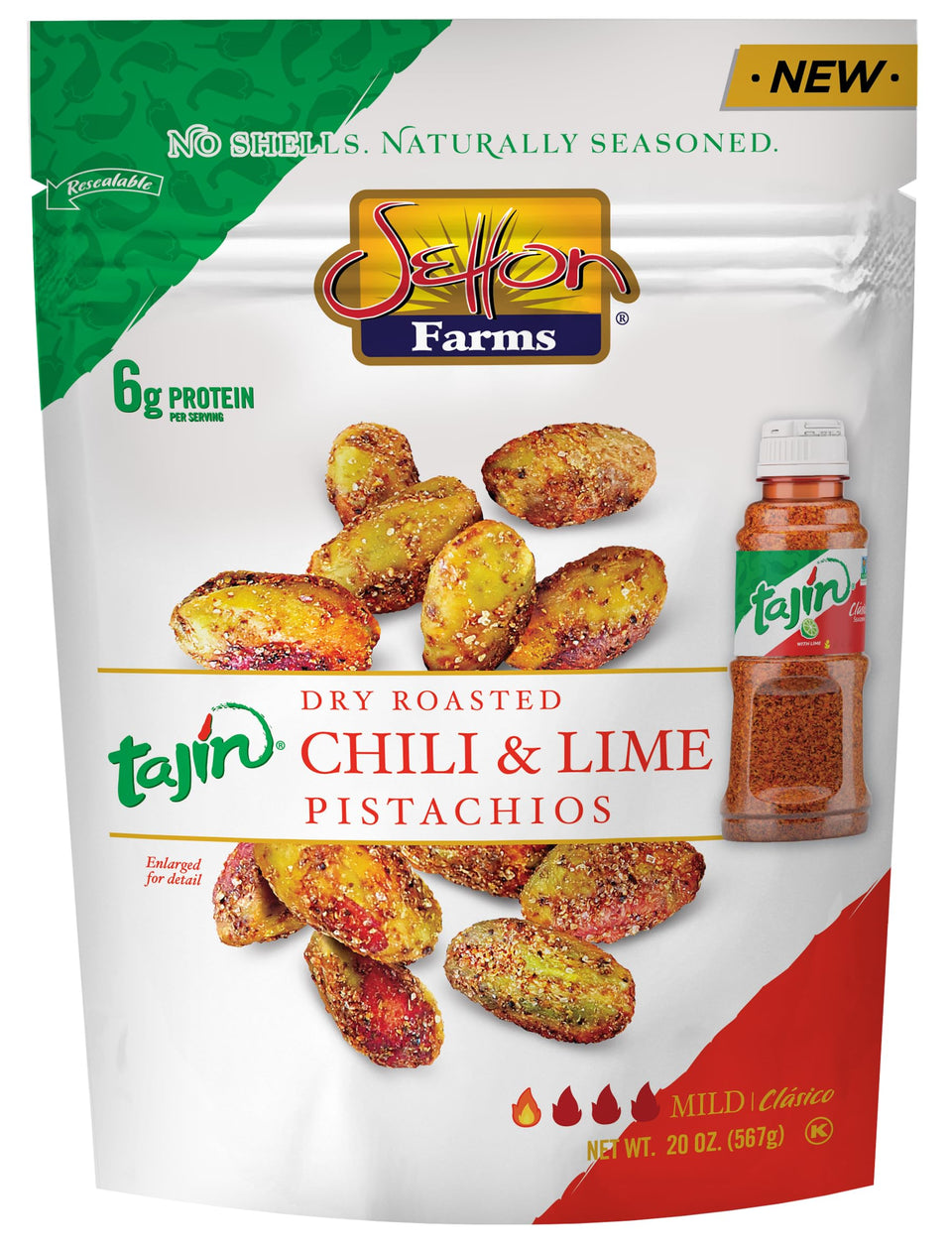 Setton Farms pistachios Tajin Chile Lime—no-shell, ready-to-eat snack in a 20 oz bag.