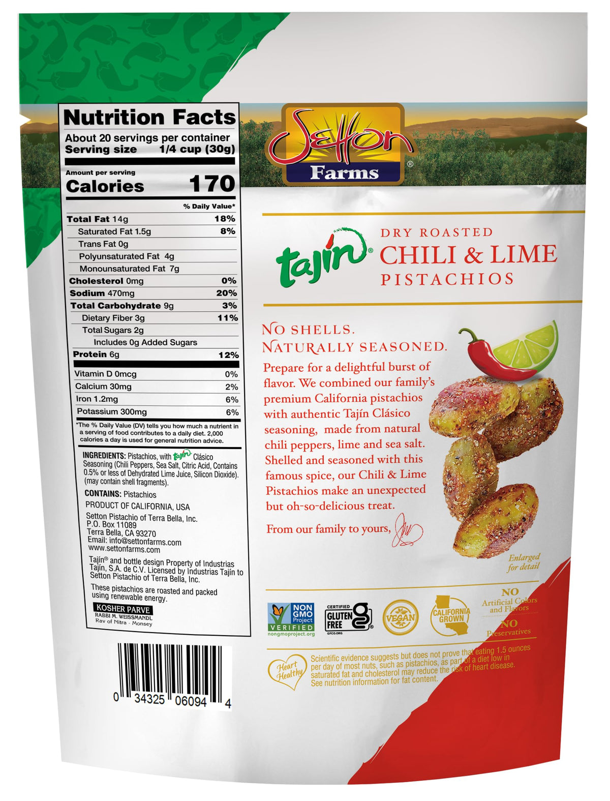 Close-up of Tajin Chile Lime seasoning on Setton Farms pistachios, bold flavor.