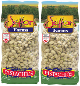 Setton Farms premium pistachios dry roasted with sea salt in a two-pack, ready to snack.