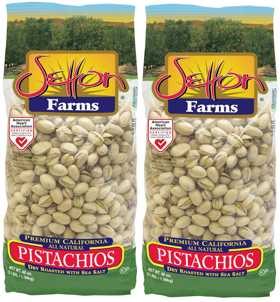 Setton Farms premium pistachios dry roasted with sea salt in a two-pack, ready to snack.