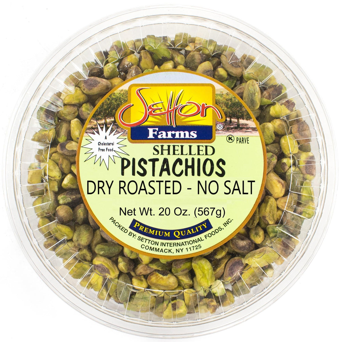 Setton Farms shelled pistachio kernels, dry roasted, no salt, crisp texture.