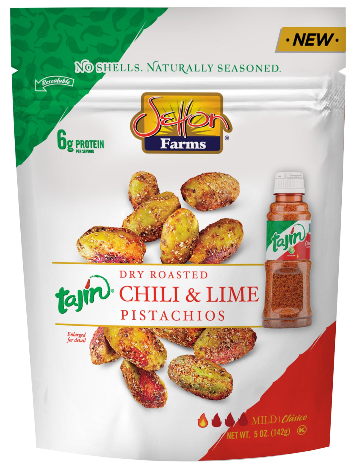Setton Farms Tajín Pistachio Kernels in a 5 oz bag, rich and zesty crunch for snacking.