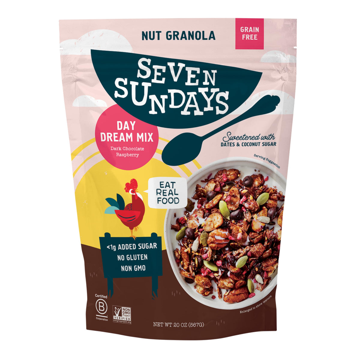 Seven Sundays Day Dream dark chocolate raspberry granola bag front view, grain-free breakfast option.