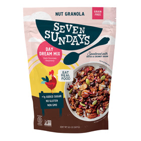 Seven Sundays Day Dream dark chocolate raspberry granola bag front view, grain-free breakfast option.