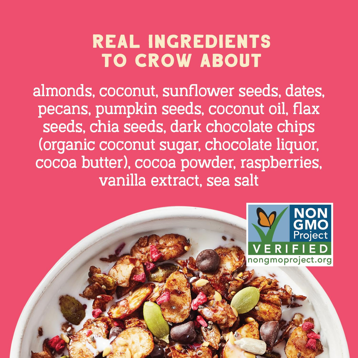Seven Sundays Day Dream granola close-up with raspberries, dark chocolate, and almond clusters.