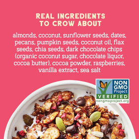 Seven Sundays Day Dream granola close-up with raspberries, dark chocolate, and almond clusters.