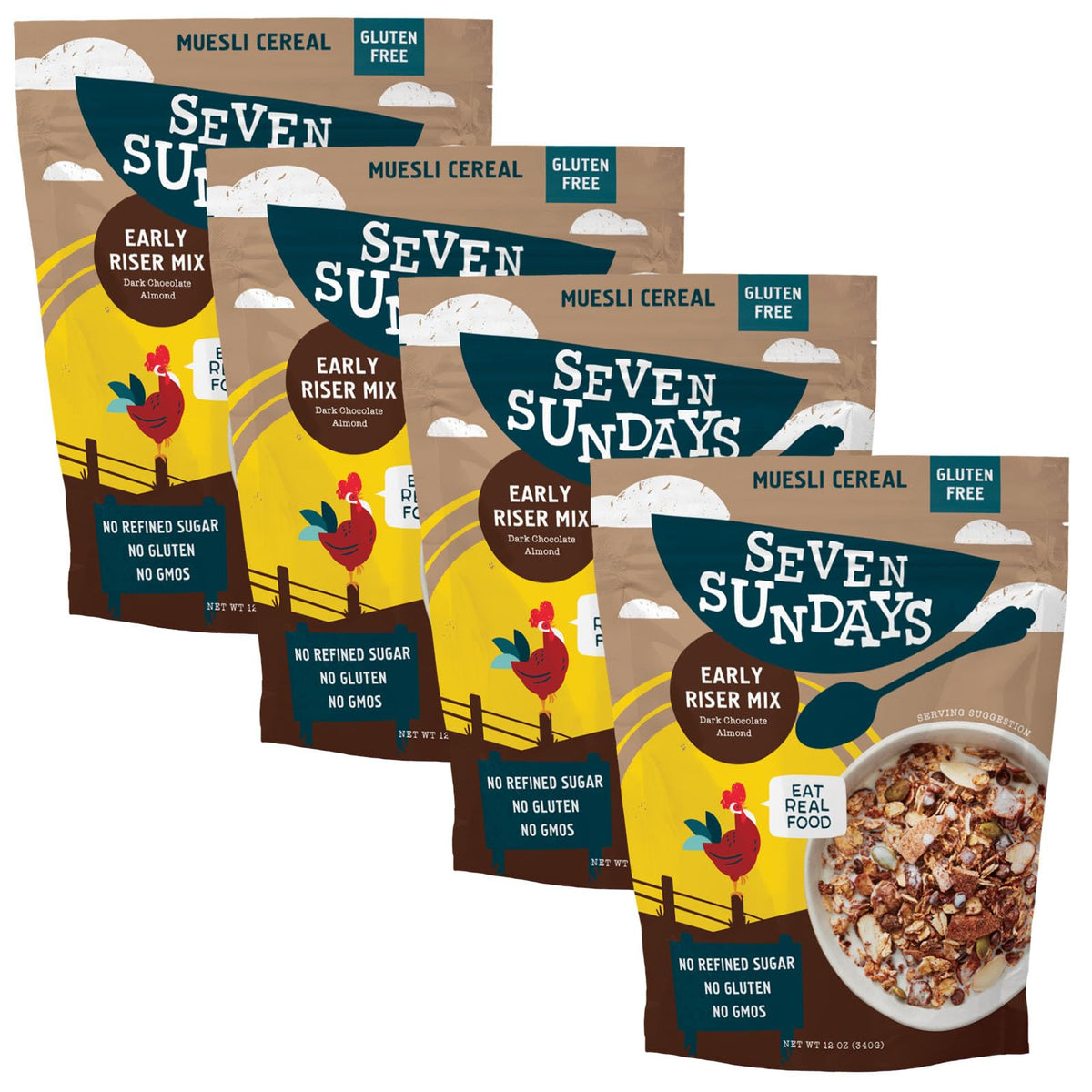 Seven Sundays Early Riser Muesli bowl with dark chocolate and almonds, protein-packed breakfast.