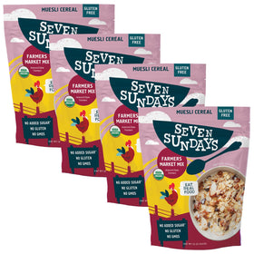 Seven Sundays Farmers Market Muesli ingredients: organic oats, sorghum, buckwheat, dates, almonds—great for a hearty breakfast.
