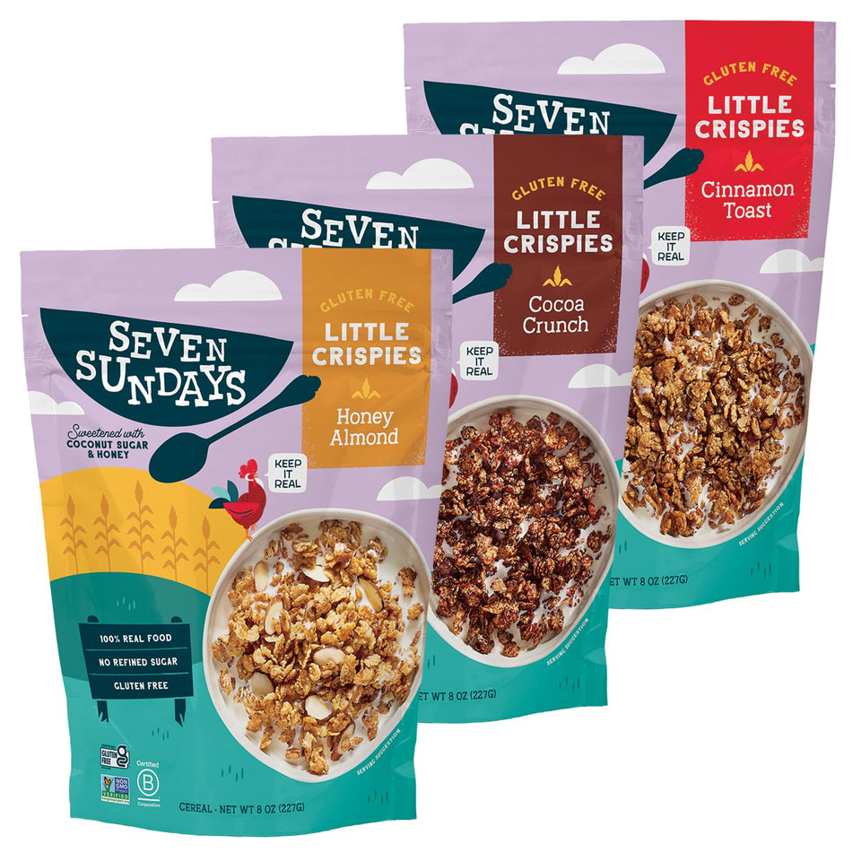 Seven Sundays Little Crispies cereal pack front showing real ingredients for a cleaner breakfast
