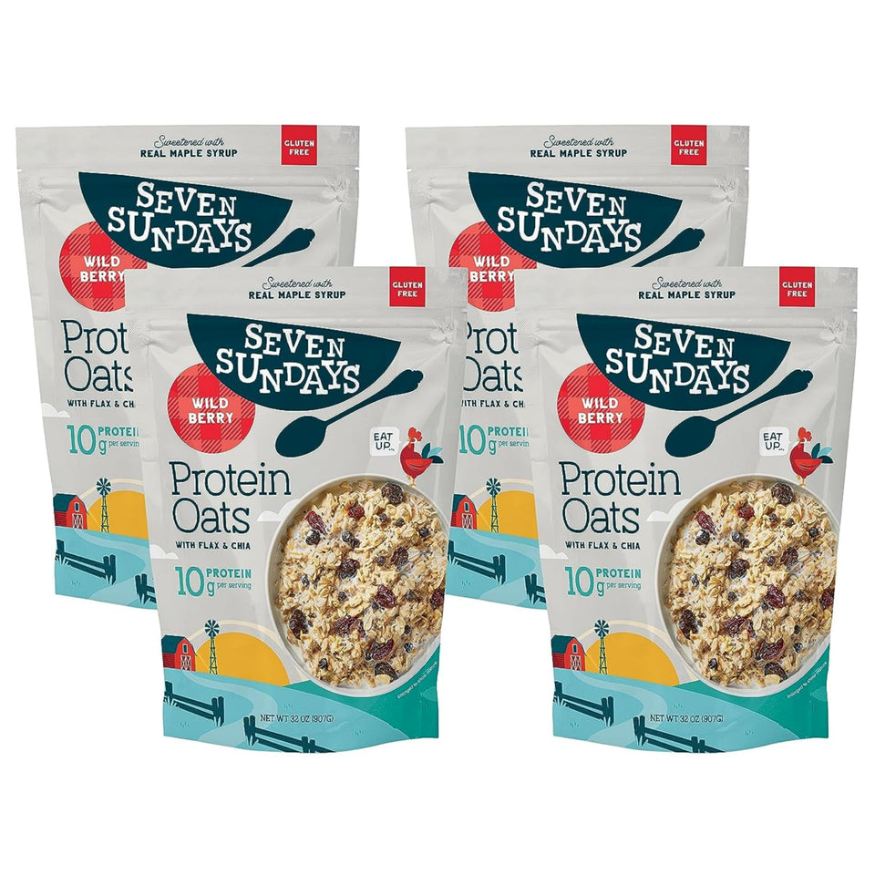 Seven Sundays Protein Oats Wildberry bowl closeup with real fruit and creamy texture