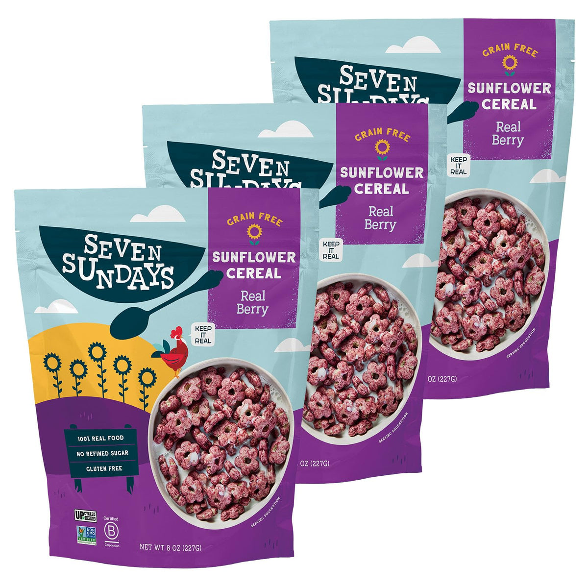 Seven Sundays Real Berry Sunflower Cereal bowl with real berries for a crunchy gluten-free breakfast.