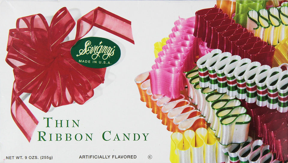 Sevigny's Thin Ribbon Candy close-up, gift-ready box ideal for holiday gifting