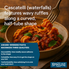 Sfoglini Cascatelli sauce-cling center emphasizes richer flavor in every bite.