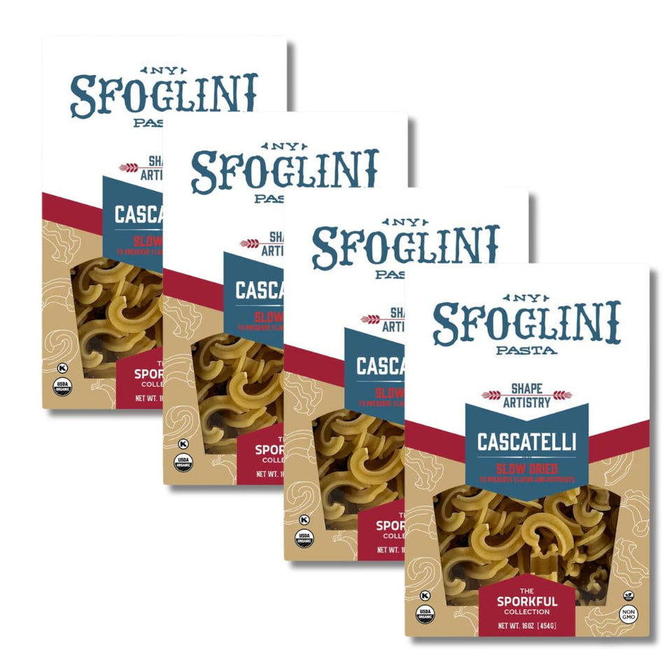 Sfoglini Cascatelli packaging with waterfall design signals premium, sauce-ready pasta.