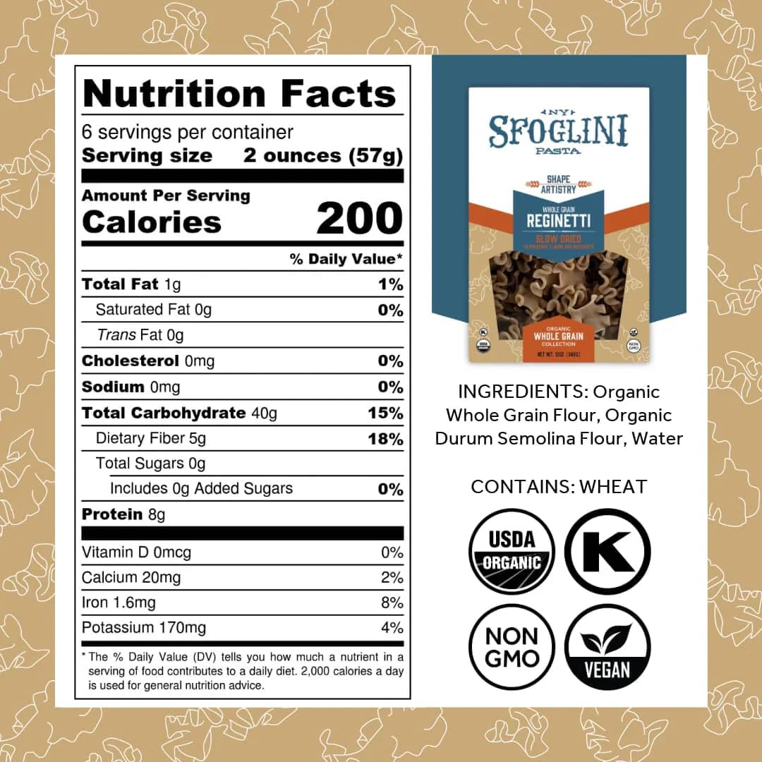 Sfoglini Organic whole grain pasta ingredients featuring durum semolina and hard red wheat.