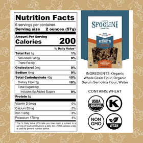 Sfoglini Organic whole grain pasta ingredients featuring durum semolina and hard red wheat.