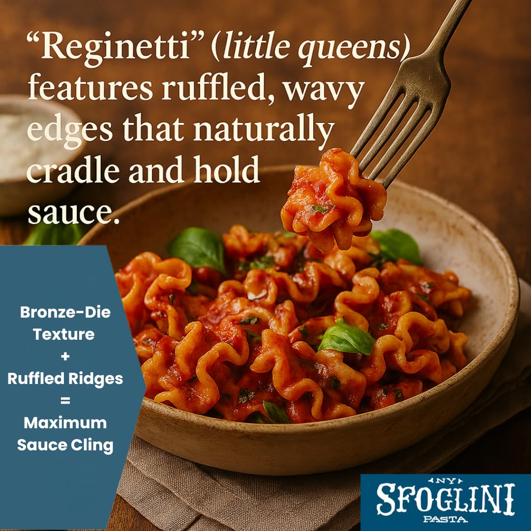 Sfoglini Reginetti bronze die closeup highlighting sauce-holding texture.