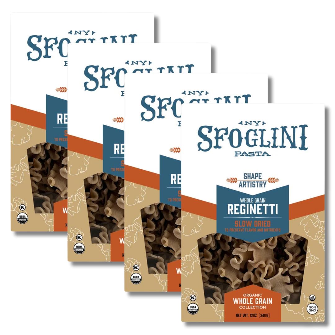 Sfoglini Reginetti four-pack dry pasta on a rustic board, ideal for weeknight meals.