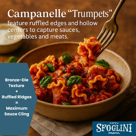 Sfoglini Trumpets Campanelle on plate, bell shape ready to capture sauce.
