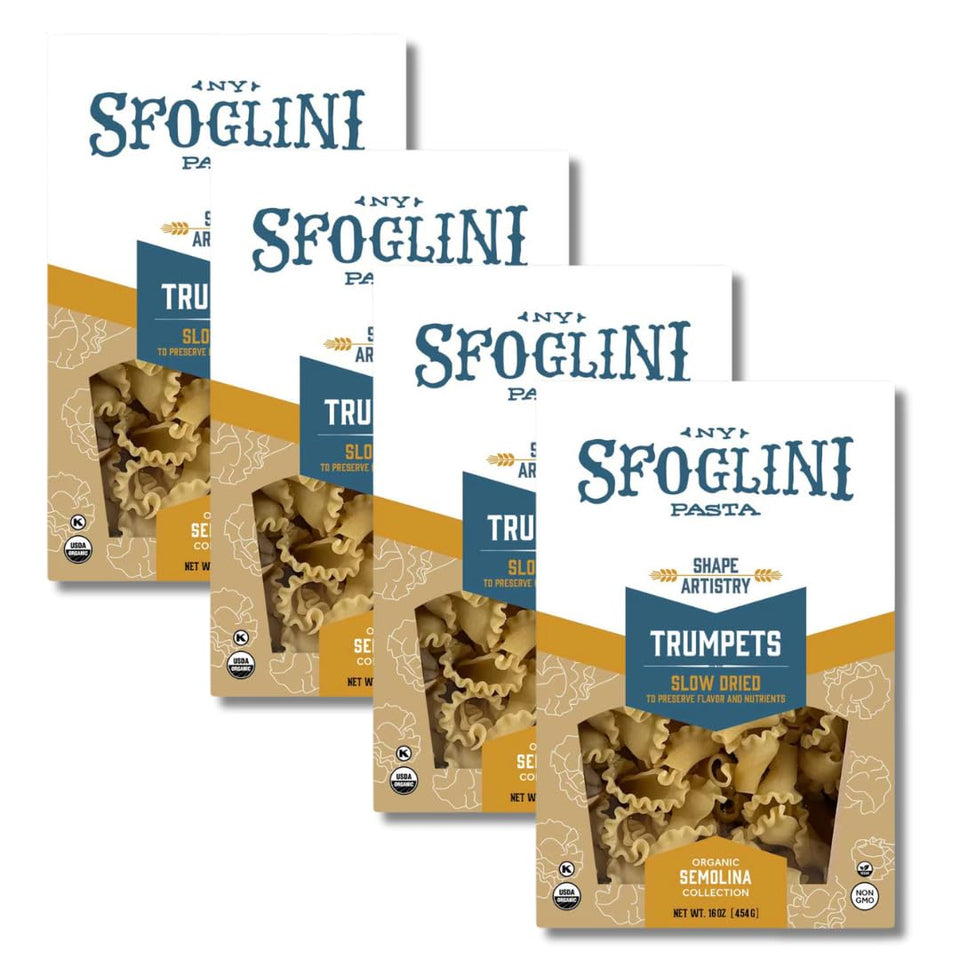 Sfoglini Trumpets Campanelle pack 4x16oz highlighting a versatile meal solution.
