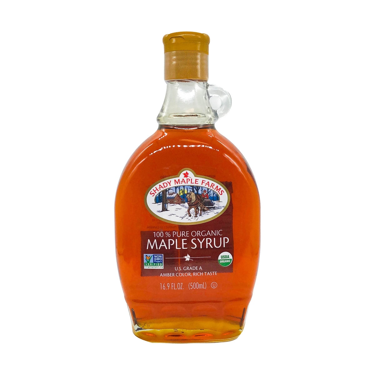 Shady Maple Farm maple syrup amber hue, rich color suggesting depth of flavor.