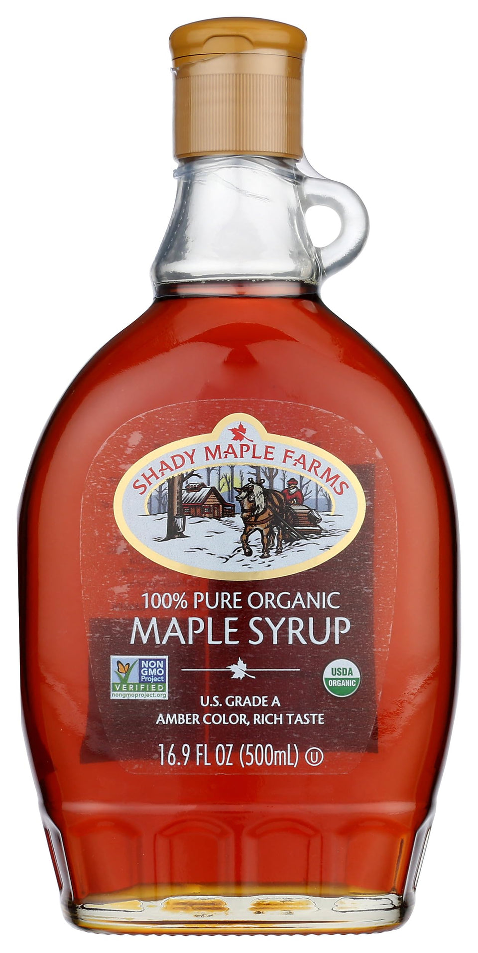 Shady Maple Farm maple syrup bottle front, showcasing smooth, natural sweetness for breakfast.