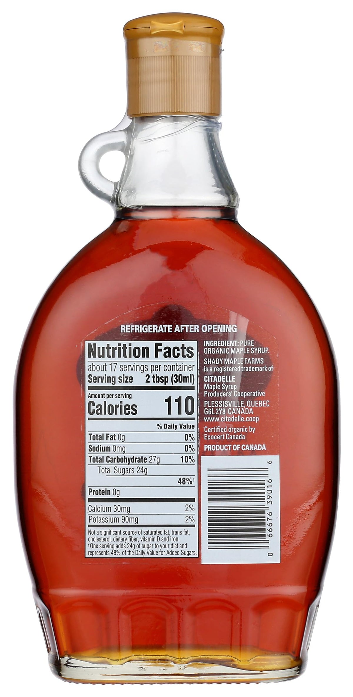 Shady Maple Farm maple syrup bottle label, highlighting organic, gluten-free, and US-made quality.