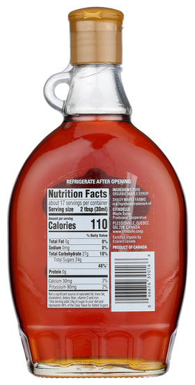 Shady Maple Farm maple syrup bottle label, highlighting organic, gluten-free, and US-made quality.