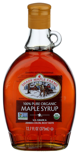Shady Maple Farm maple syrup bottle on countertop ready for breakfast