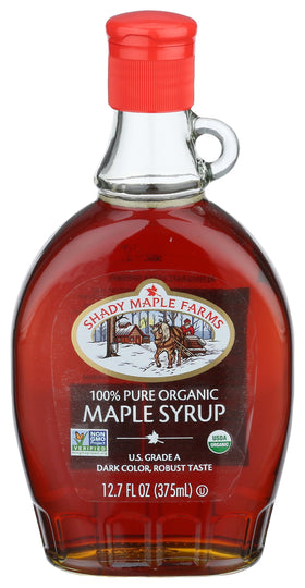 Shady Maple Farm Organic Grade A maple syrup bottle angled highlighting rich color
