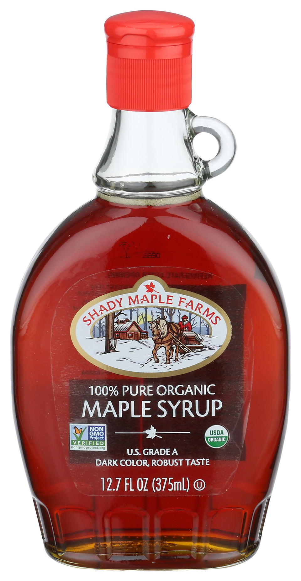 Shady Maple Farm Organic Grade A maple syrup bottle angled highlighting rich color