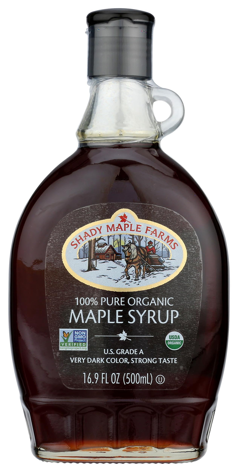 Shady Maple Farm very dark maple syrup bottle on counter, rich flavor for breakfasts.