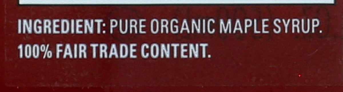 Shady Maple Farm very dark syrup close-up label, notes on organic purity.