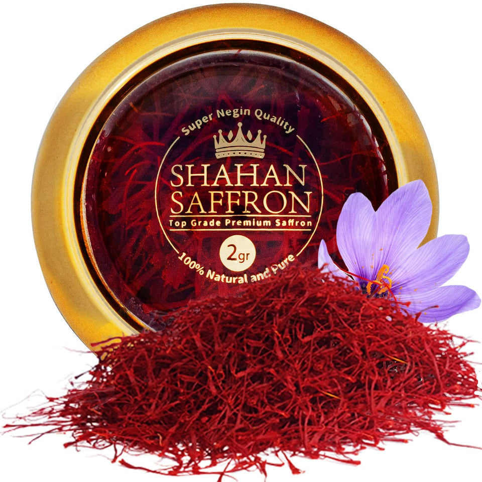 SHAHAN SAFFRON top-grade Super Negin packaging closeup highlights premium saffron packaging.