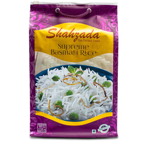 Shahzada Supreme Basmati Rice extra-long grain packaging showing premium quality