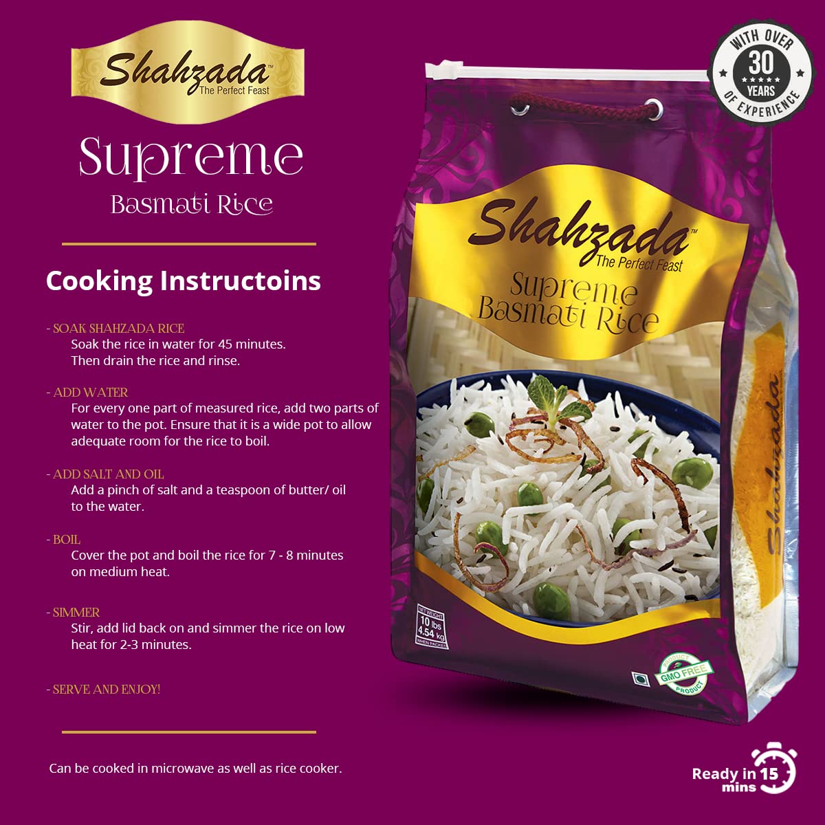 Shahzada Supreme Basmati Rice pairs well with curries and vegetables