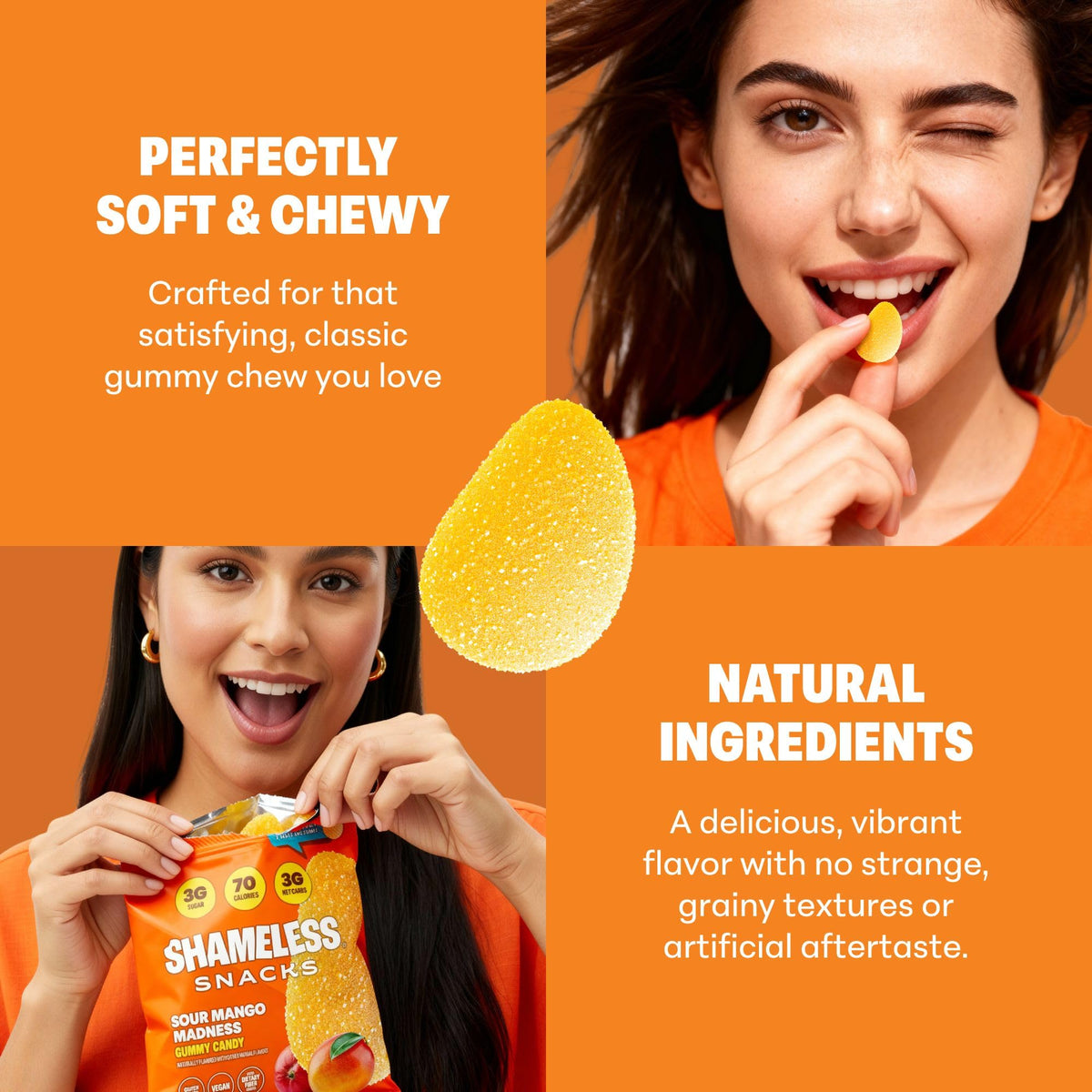 Shameless Sour Mango Madness lunchbox-ready mango gummies on the go.