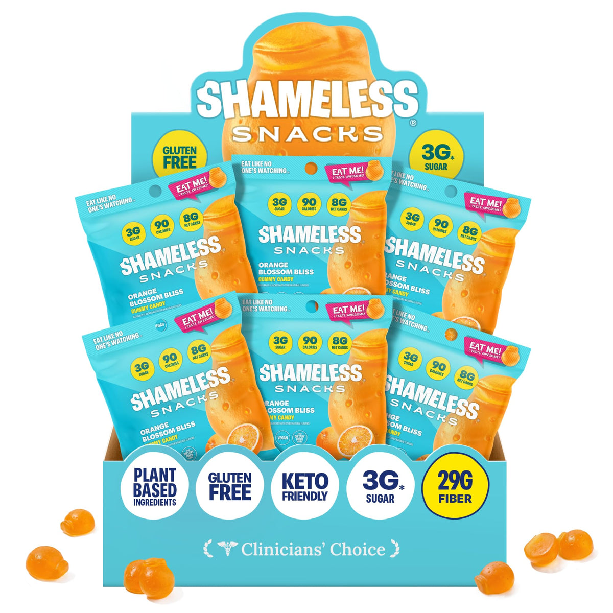Shameless Orange Blossom Bliss bag front shows juicy gluten-free gummies.