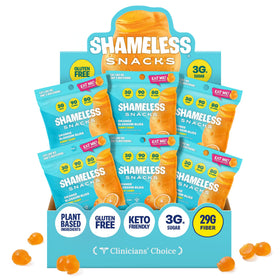 Shameless Orange Blossom Bliss bag front shows juicy gluten-free gummies.