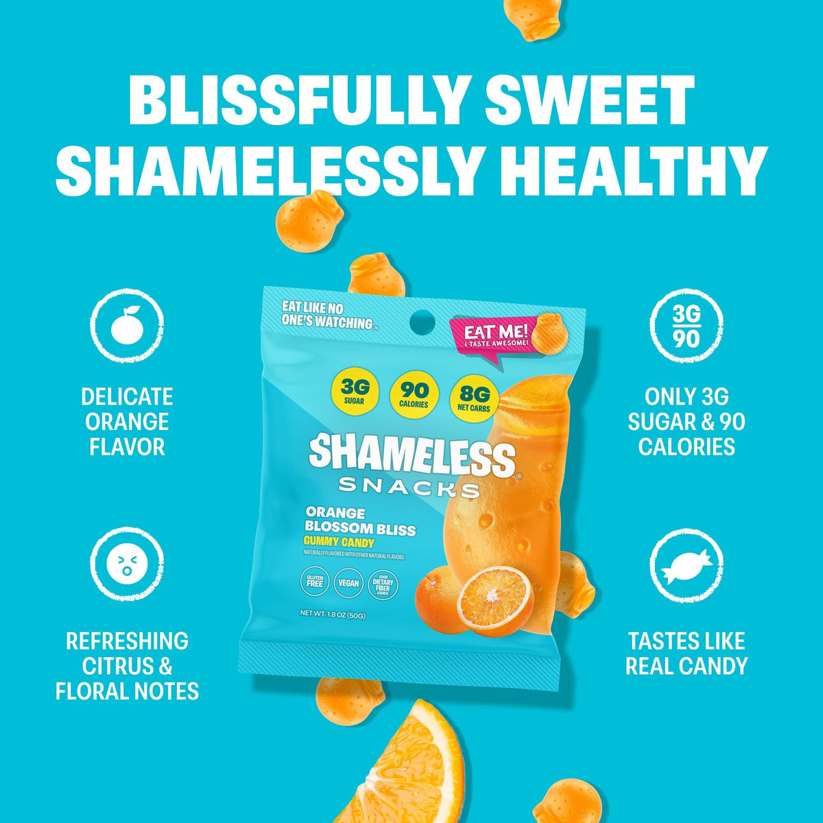 Shameless Orange Blossom Bliss gummies close-up highlights bright color and fruity flavor.